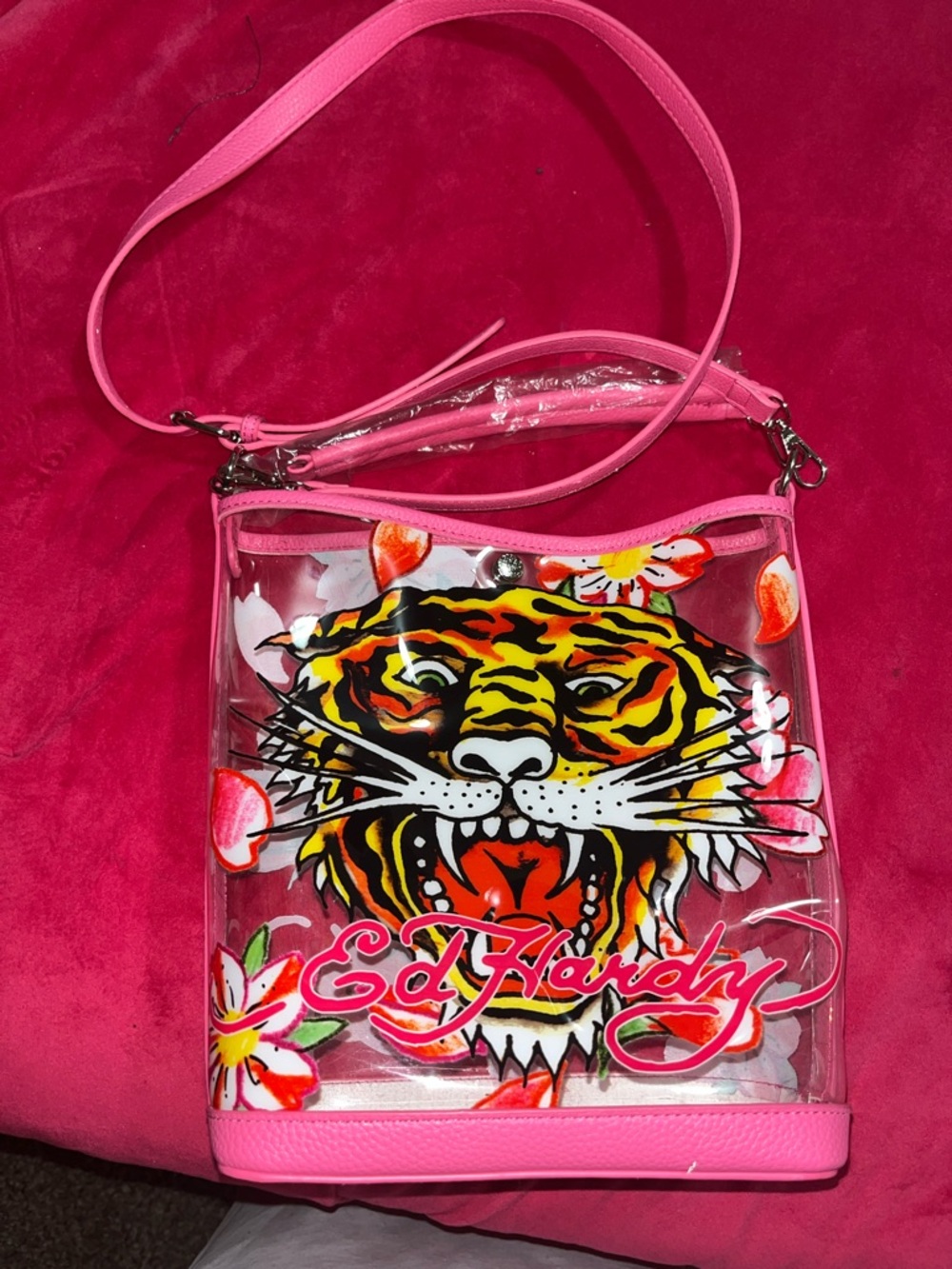 Ed Hardy Pink Clear Tiger Graphic Crossbody Bag